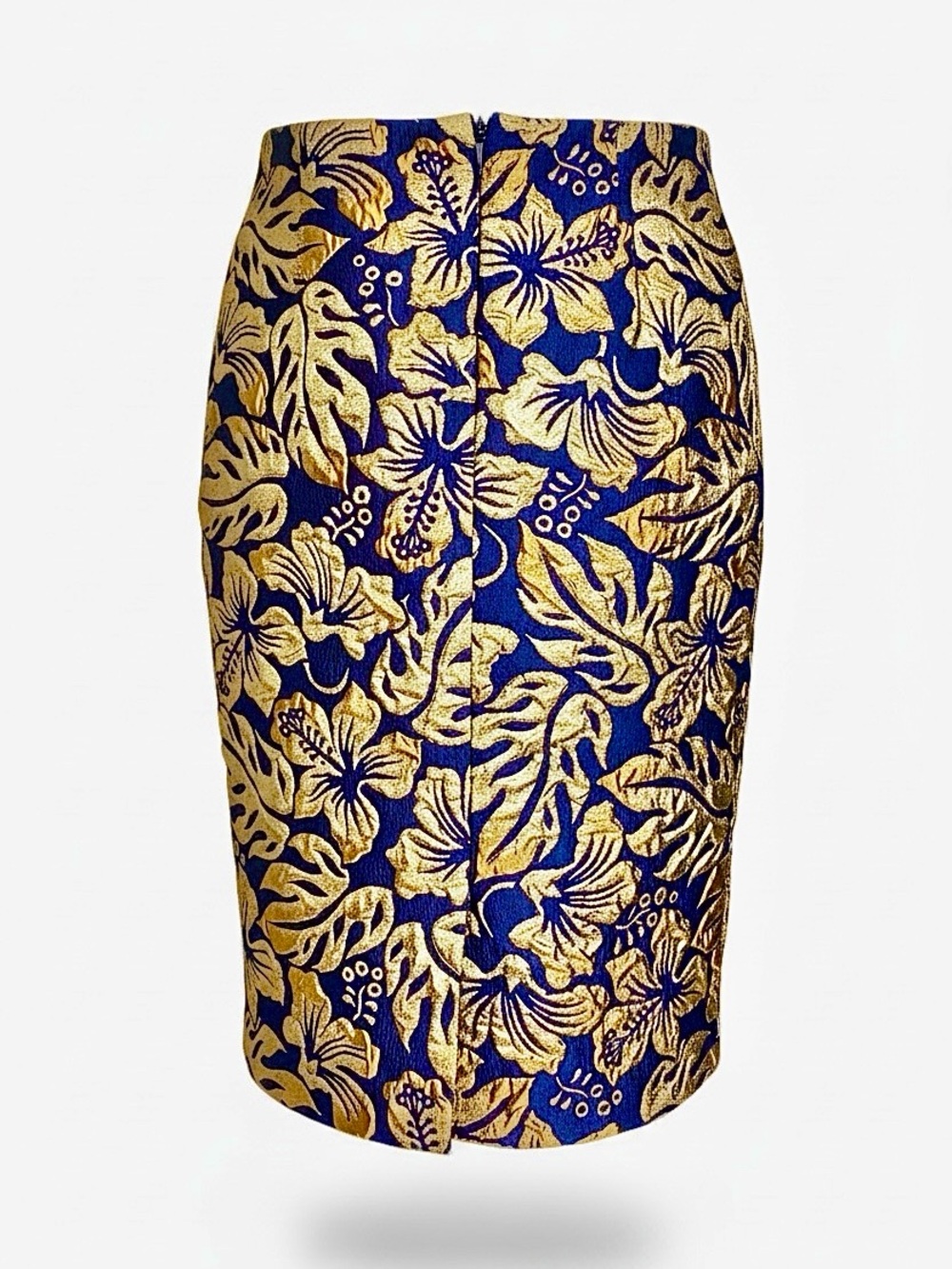 AUTH! Prada Blue & Metallic Gold Floral Brocade Skirt